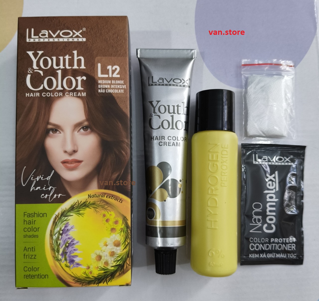 [HCM][Nâu Chocolate L12] Nhuộm Tóc Màu Thời Trang LAVOX 60mlx2 + Kèm Chai Oxy Trợ Nhuộm + 1 Gói Dầu Xả Giữ Màu Tóc + Găng Tay] - NÂU CHOCOLATE L12