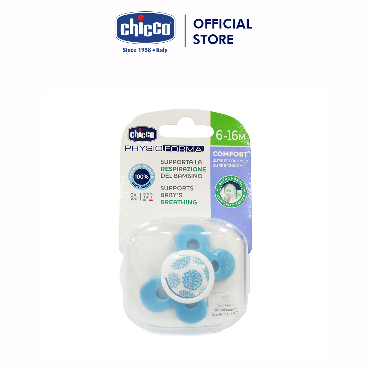 Ty ngậm silicon Chicco physio comfort màu xanh có hộp 6M+