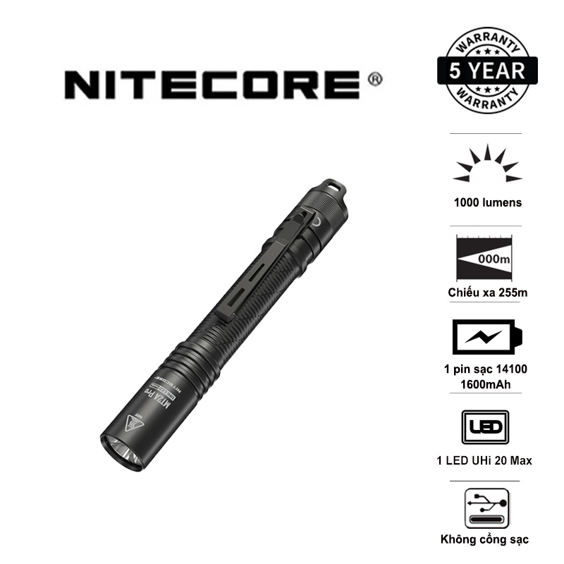 Đèn pin mini NITECORE MT2A Pro độ sáng 1000 lm chiếu xa 255m pin sạc dung lượng 1.600mAh USB-C