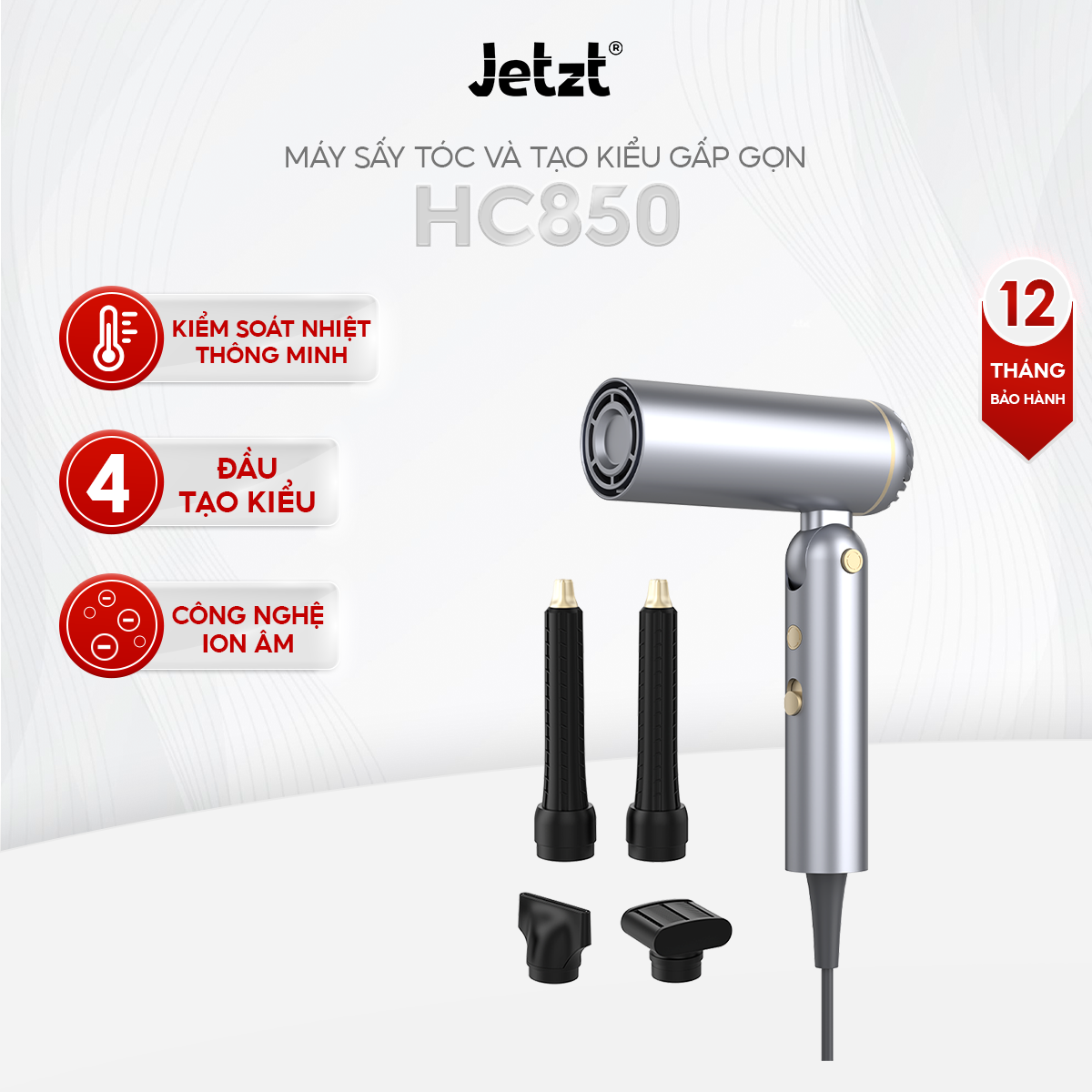 Máy sấy tóc ion âm 5in1 gấp gọn Jetzt HC850, đa chức năng, giảm hư tổn tóc