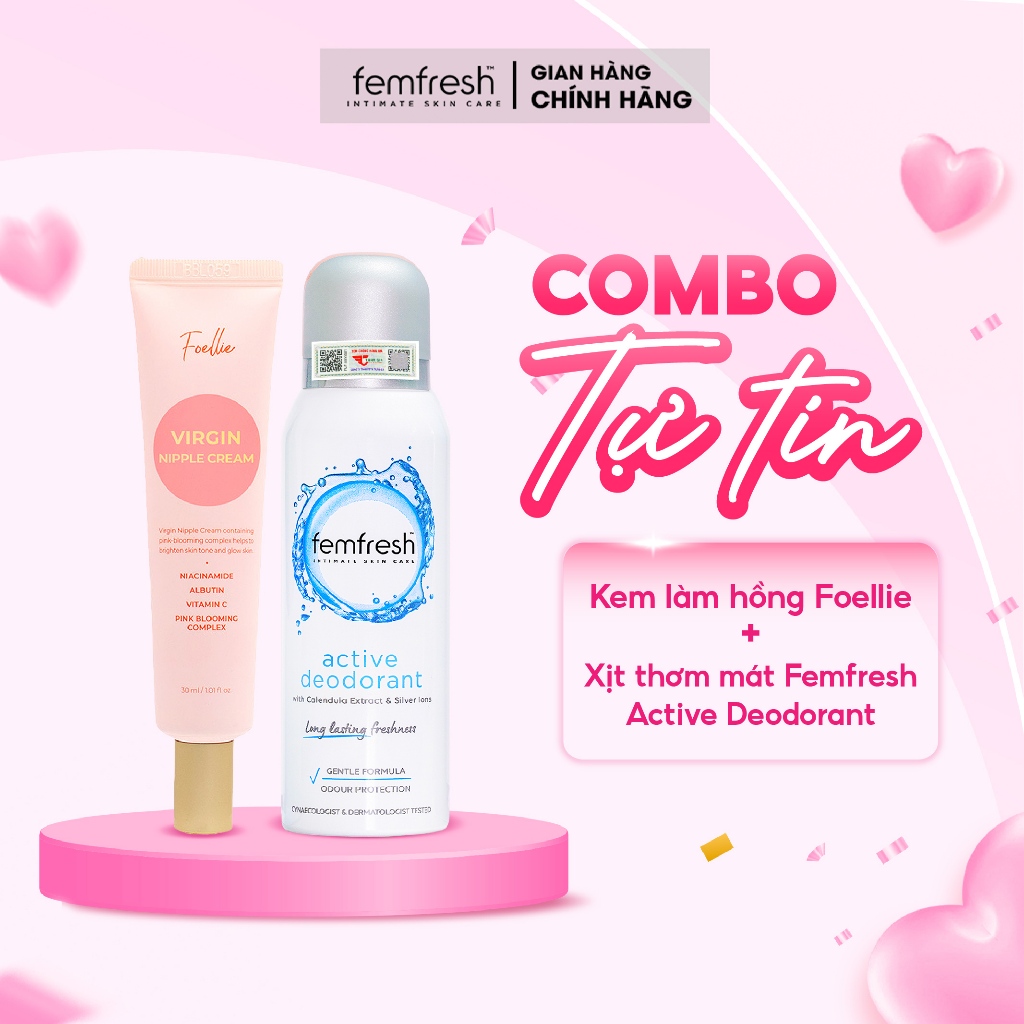 [COMBO TỰ TIN] Xịt Thơm Mát, Khử Mùi Vùng Kín Femfresh + Kem làm hồng vùng kín Foellie combo giúp chị em toả sáng