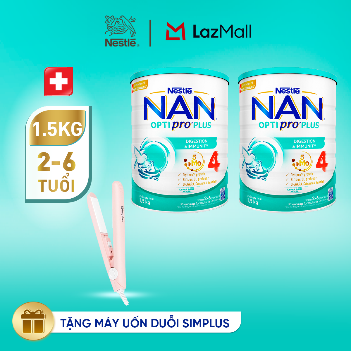 [Tặng Máy uốn duỗi Simplus] Combo 2 lon Sữa bột Nestlé NAN OPTIPRO PLUS 4 1500g/lon với 5HMO Giúp tiêu hóa tốt