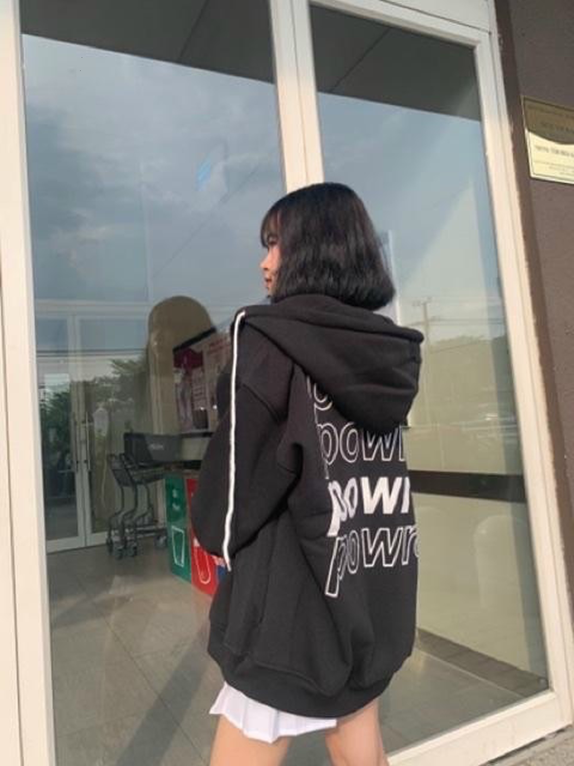 Áo Khoác Nữ - Áo Hoodie Form Rộng Thêu Chữ powr Phối Nón Nỉ Ngoại Cao Cấp Siêu Đẹp Siêu Rẻ XMTT