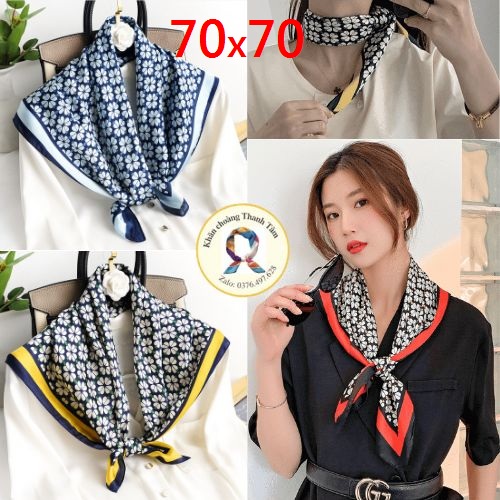 Khăn lụa vuông 70x70 quàng cổ quấn tóc làm áo yếm lụa- hoa 4 cánh