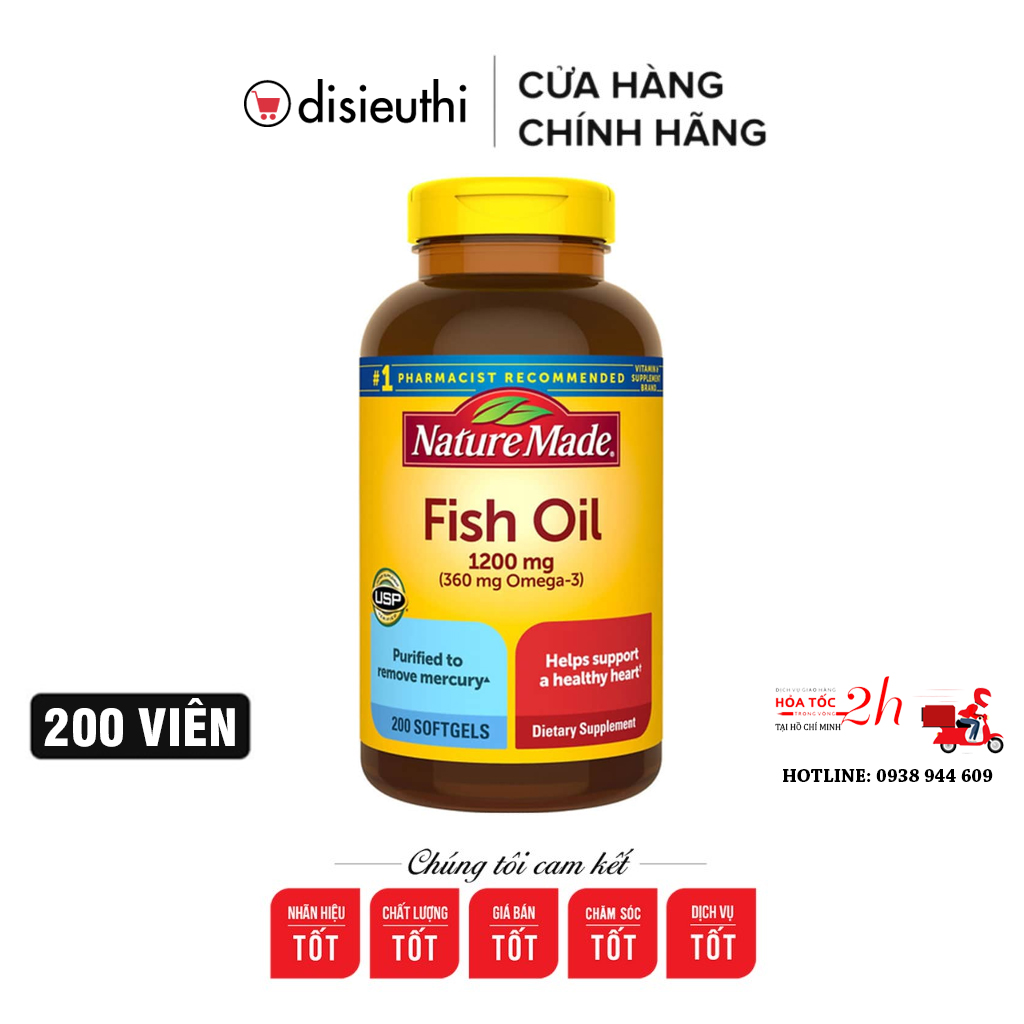 Dầu Cá Fish Oil 200 Viên Nature Made Fish Oil 1200mg Omega 3 Hộp 200 Viên Nhập Khẩu Mỹ (Mẫu Mới ) Nature Made Fish Oil 1200 mg., 200 Softgels