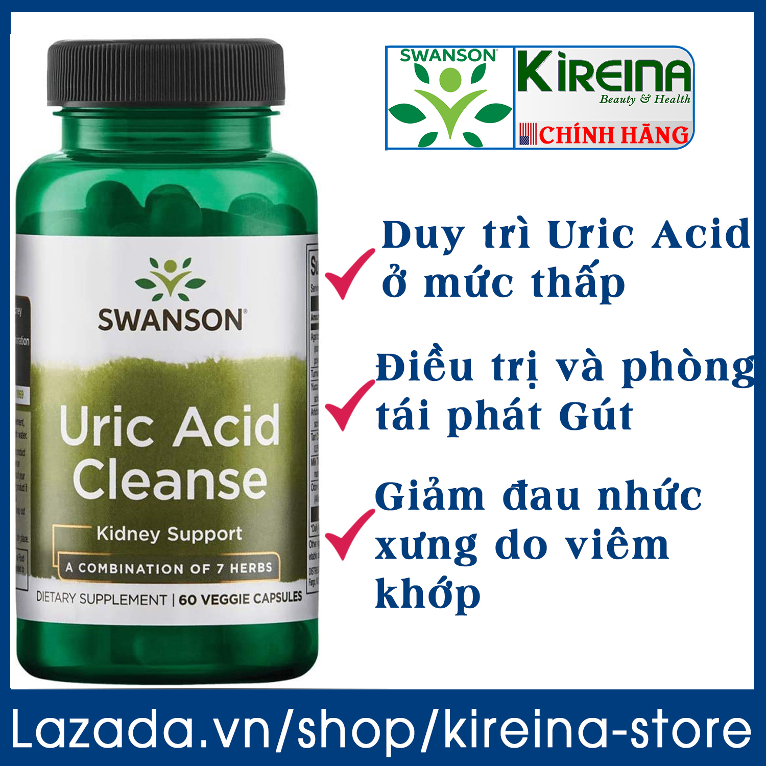 Viên uống đào thải Uric Acid Hỗ trợ sức khỏe thận và giảm Gút Swanson Uric Acid Cleanse 60 viên