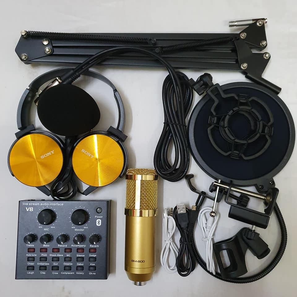 Bộ combo mic livestream hát karaoke card V8 có autotune micro BM800 chân màng BH 6 tháng đổi mới