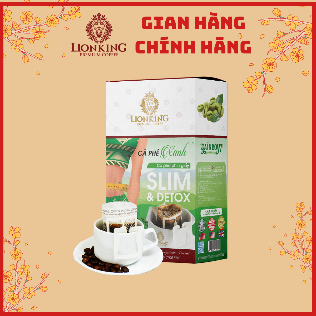 Cà Phê Xanh Phin Giấy Lion King - Thanh Lọc Cơ Thể, Đốt Cháy Mỡ Thừa ( Hộp 12 gói x 12g)