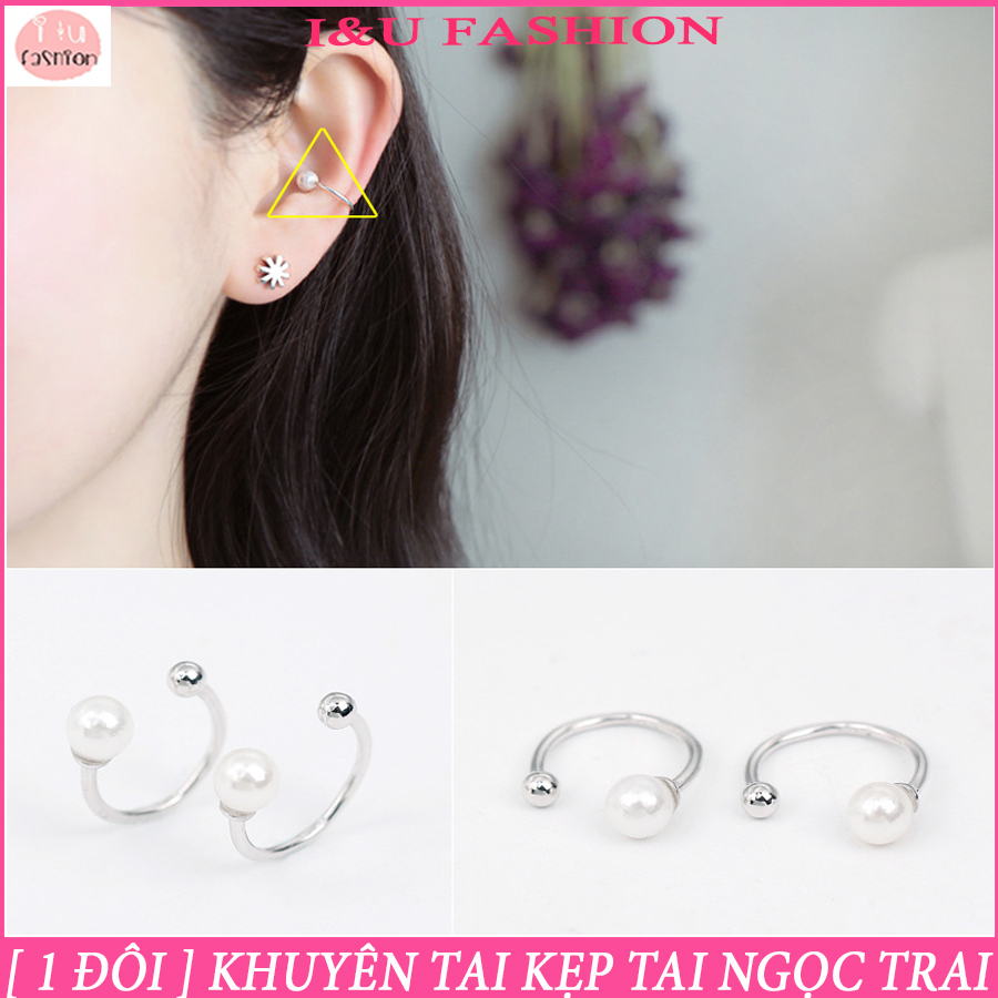 [ 1 ĐÔI ] Khuyên tai bông tai kẹp tai không cần bấm lỗ cho nữ ngọc trai phong cách độc đáo cá tính màu bạc , vàng gồm 1 chiếc lớn và 1 chiếc bé KT-77