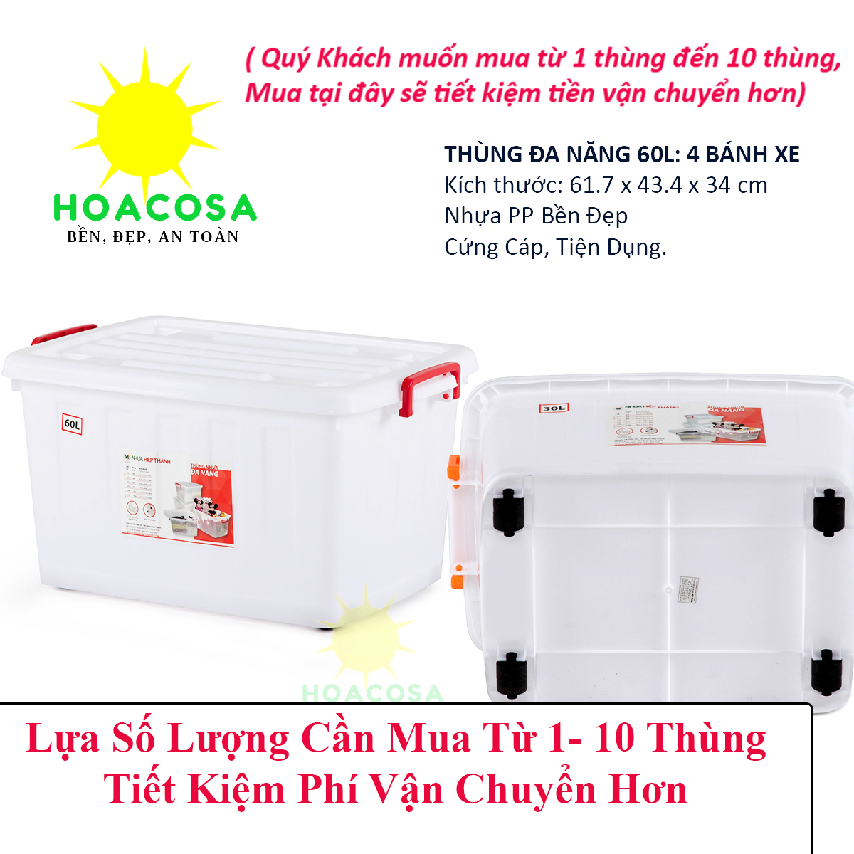 Từ 1- 10 Thùng Nhựa Đựng Đồ Đa Năng 60L (60 Lít)  Hiệp Thành 4 Bánh Xe, Cứng Cáp, Bền Lâu- Đồ Gia Dụng Hoacosa