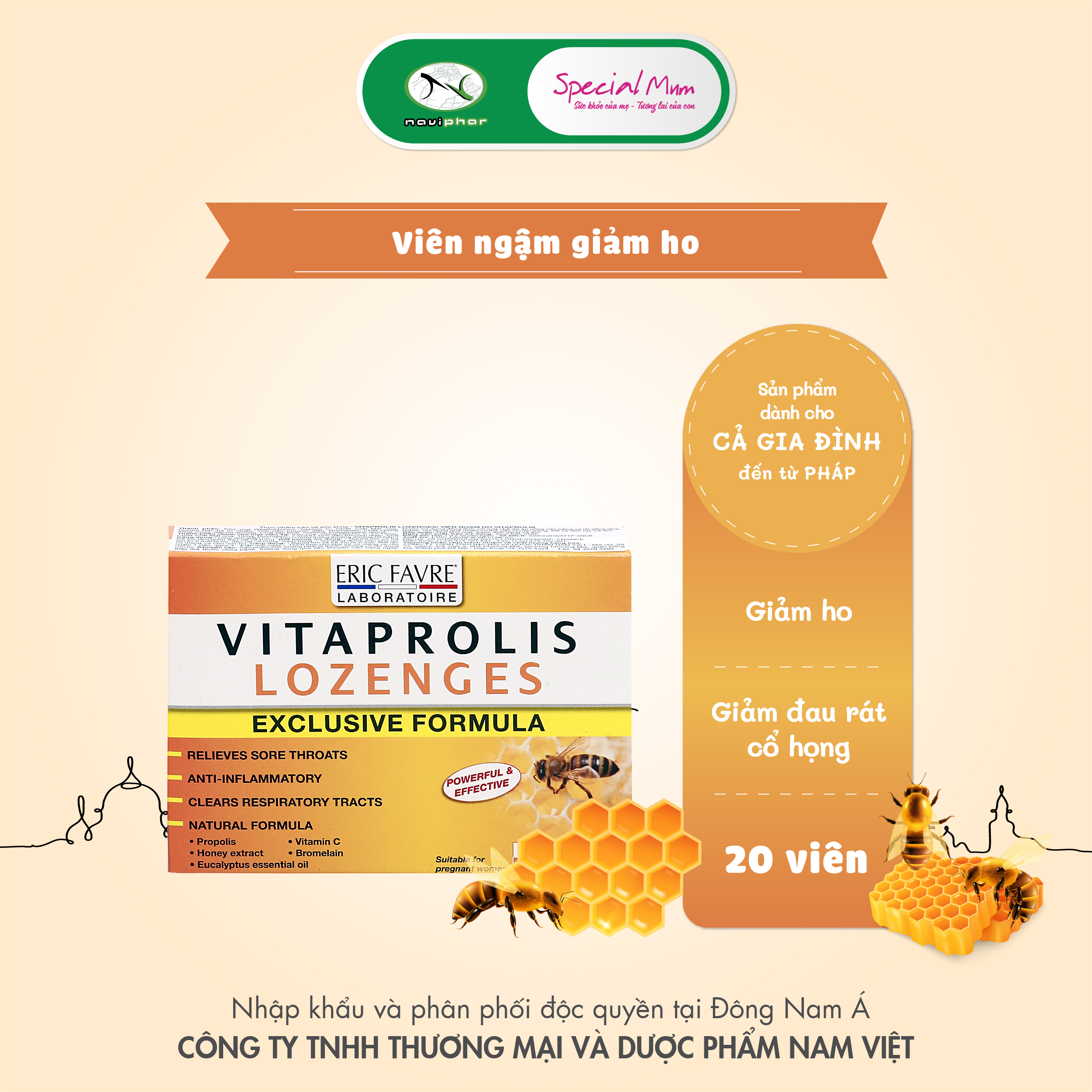 Viên ngậm ho, Giảm đau rát cổ họng 20 viên - TPBVSK Vitaprolis Lozenges [Nhập khẩu Pháp]