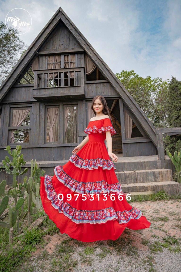 Đầm Maxi, Váy Maxi Trễ Vai V102, Chất Lụa, Xòe 3 Tầng, Phối Màu Thổ Cẩm Xanh, Đỏ, Siêu Phẩm Sống Ảo, Đẹp Quên Lối Về