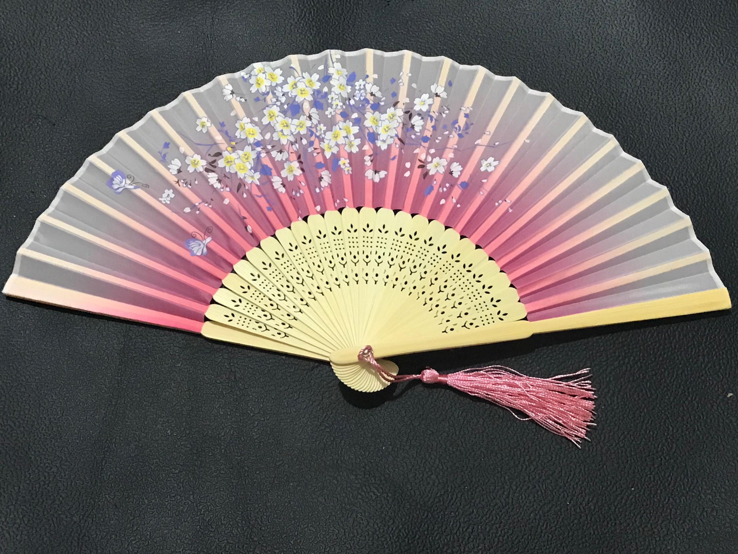 Quạt cổ trang dây tuyến xám hồng loại 2 đồ cổ trang trung quốc cổ phong cổ đại Quạt xếp cầm tay phong cách Trung Quốc