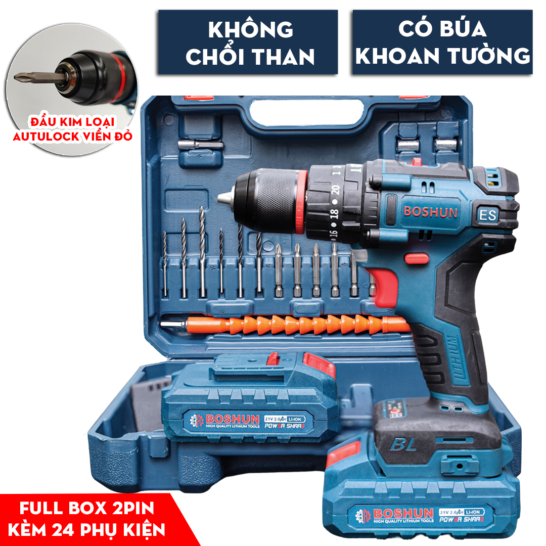 [KHÔNG CHỔI THAN] Máy Khoan Pin BOSHUN BS-ID2110BL - Chuyên Khoan Tường, Khoan Sắt, Khoan Gỗ, Bắt Vít,... - Lõi Đồng 100% - Tặng Kèm 29 Phụ Kiện
