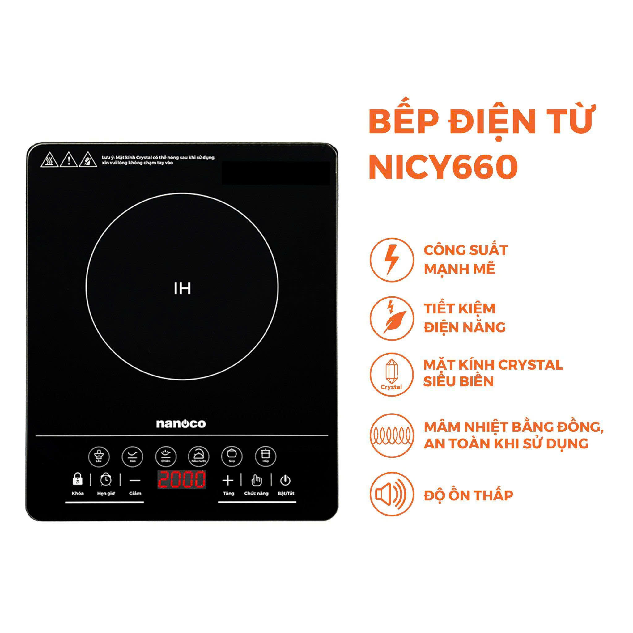 Bếp từ đơn Nanoco NICY660 1800W - Mặt kính Crystal, Kích thước 280x350mm