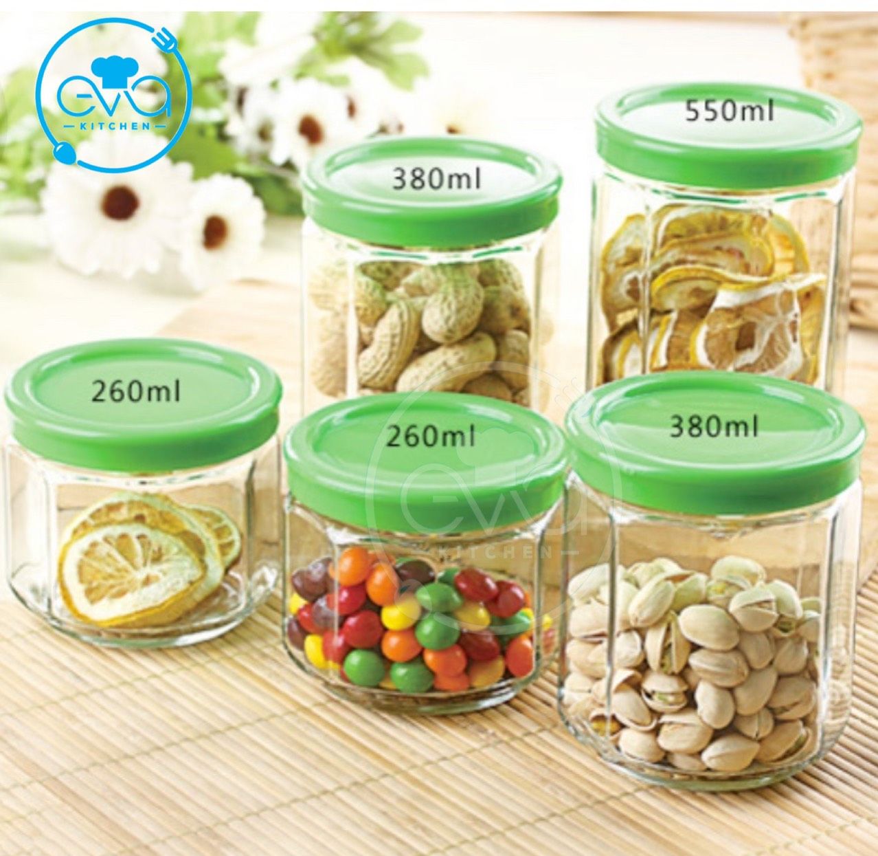 Bộ 5 hũ thuỷ tinh đựng gia vị nắp kín octagonal sealed glass bottle m2974