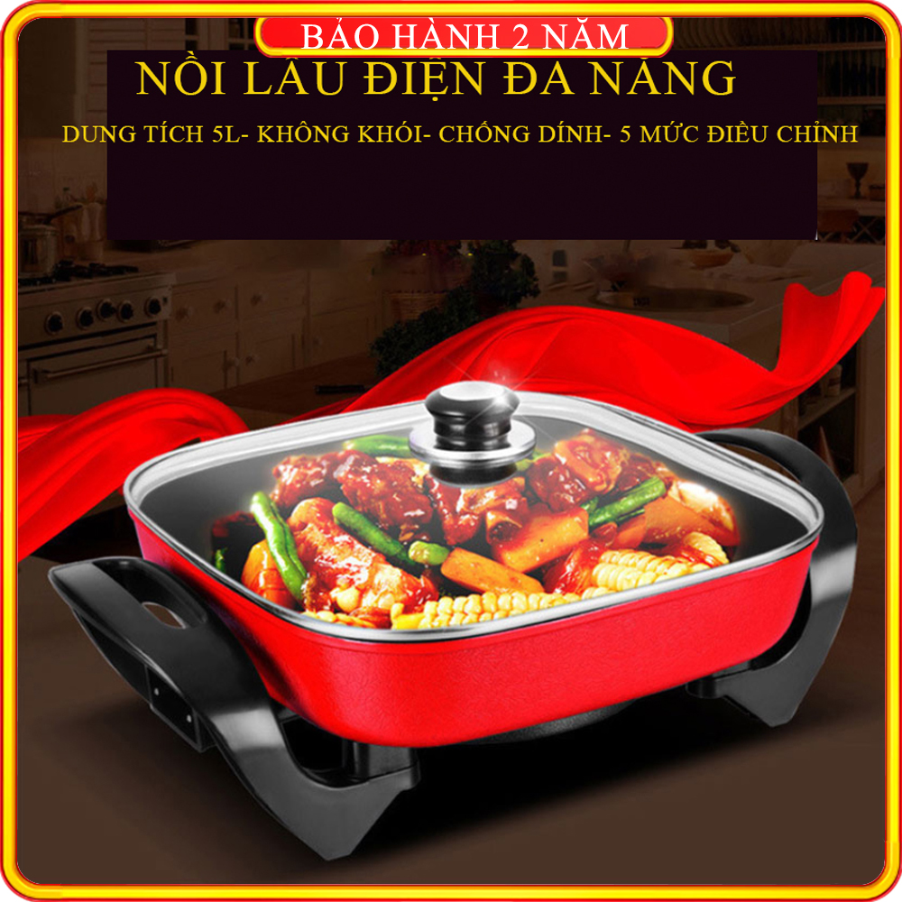 Nồi lẩu điện đa năng kiểu Hàn - Nồi lẩu hình vuông, nồi chiên xào, dung tích lớn 5L, chống dính, lau rửa dễ dàng- BẢO HÀNH 2 NĂM, LỖI ĐỔI MỚI 1-1 TRONG 7 NGÀY
