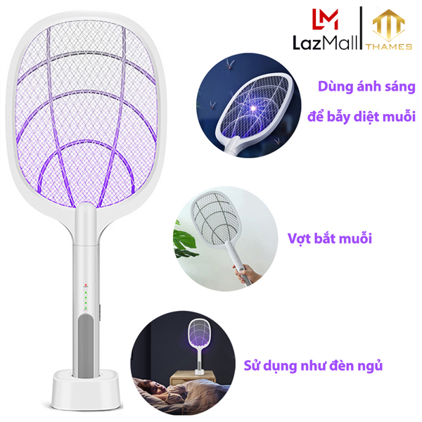Vợt Muỗi Thông Minh 3 Trong 1 THAMES Tích Hợp Vợt Bắt Muỗi, Bẫy Muỗi và Đèn Ngủ Siêu Tiện Lợi, An Toàn Giúp Bảo Vệ Giấc Ngủ Gia Đình Bạn