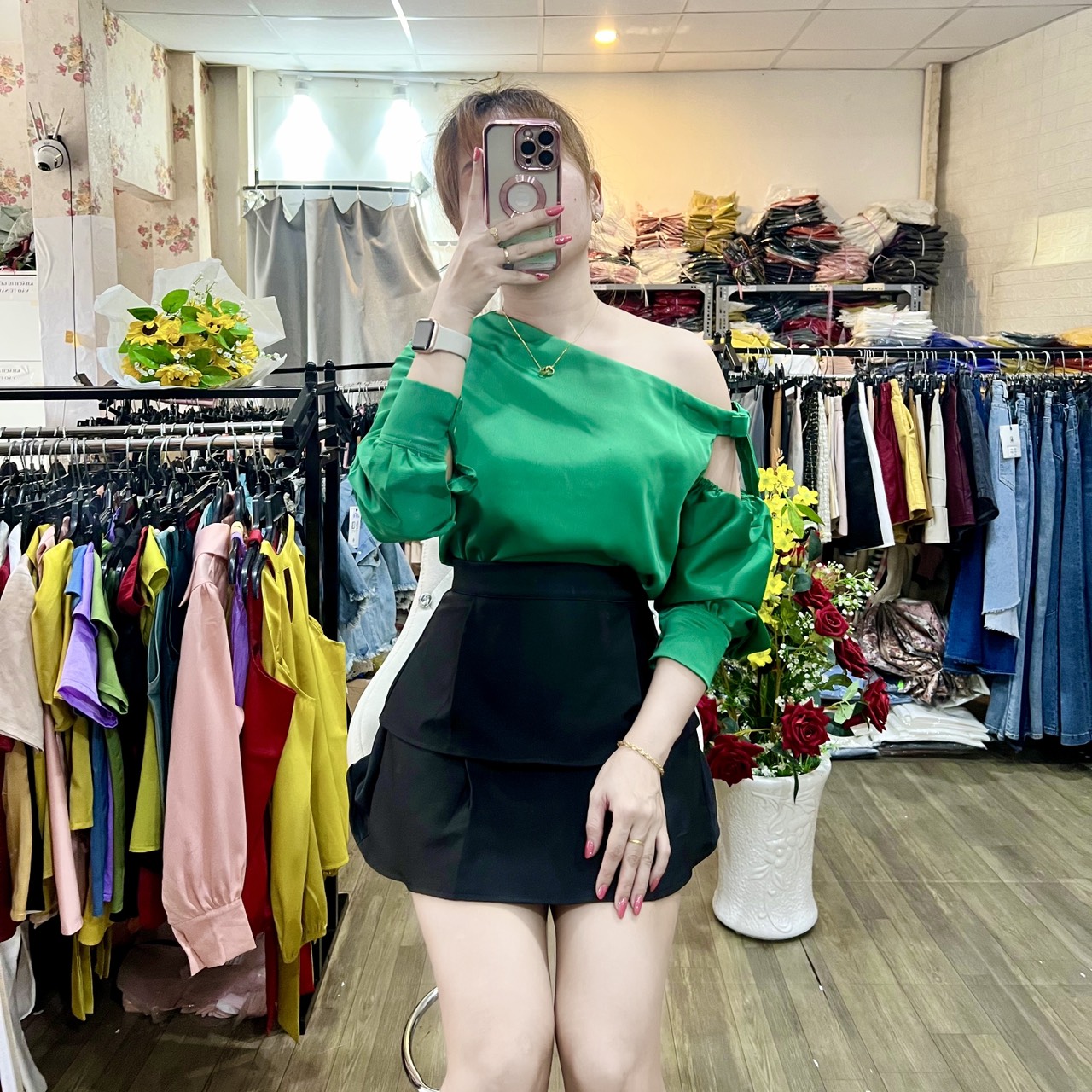 [HCM]HÌNH THẬT 100%- ÁO LỤA TAY DÀI LỆCH VAI NHIỀU SIZE