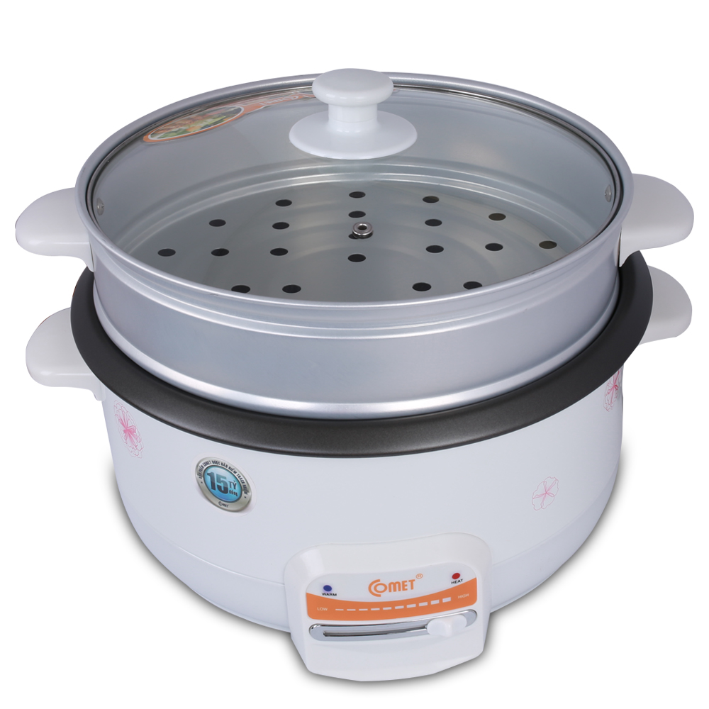 Chảo lẩu hấp comet cm7732 cao cấp,lồng nồi phủ men chống dính- nắp thủy tinh,công suất: 1300w,nấu lẩu, súp, xào chiên tiện lợi.