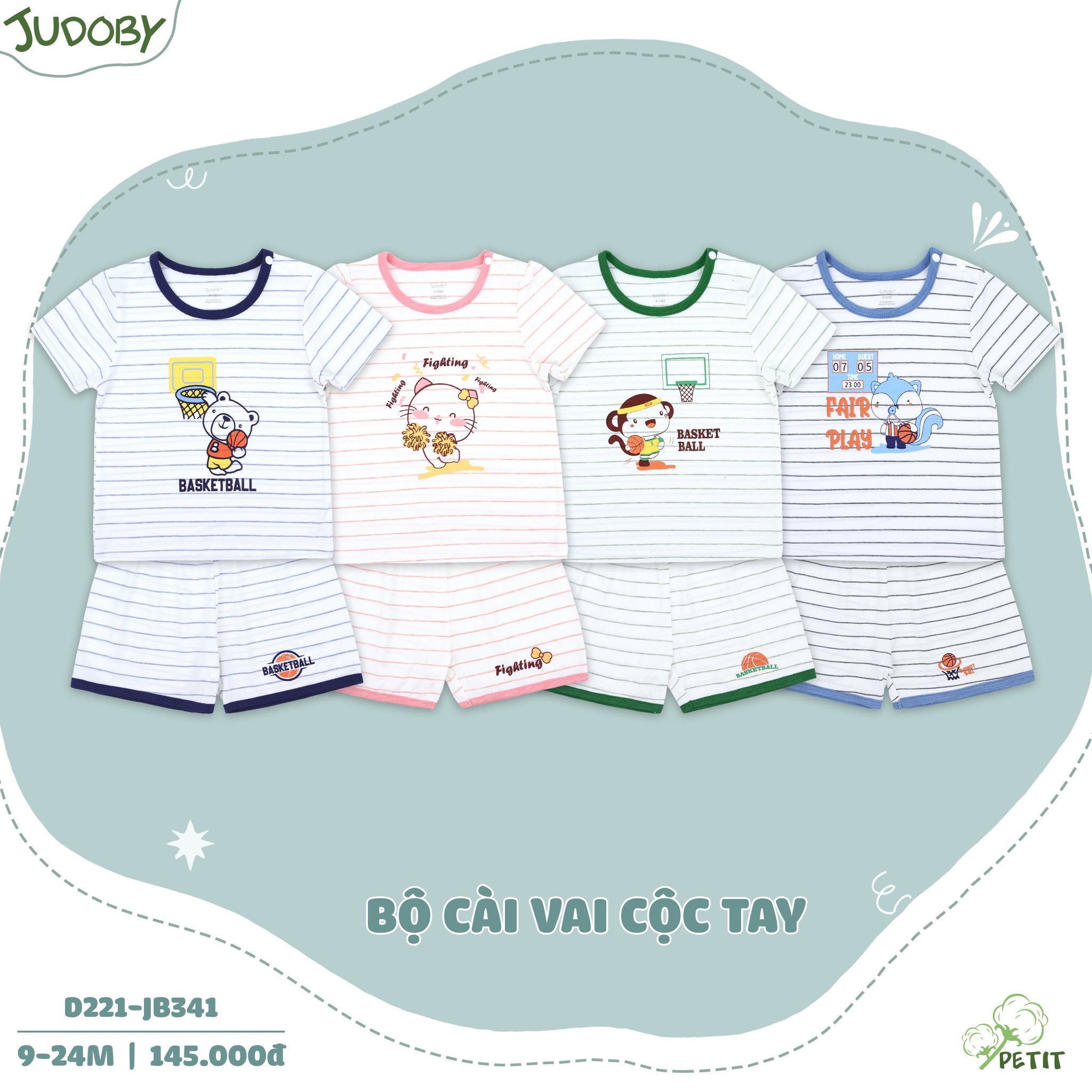 Bộ QA cộc tay cài vai Judoby vải petit mềm mại thoáng mát cho bé