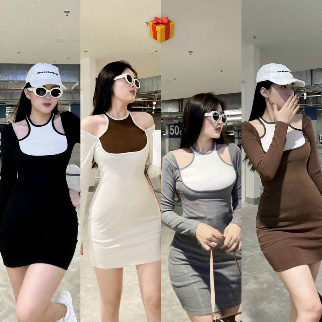 Đầm gân tay dài kiểu yếm 2 màu phối , ôm body cực xinh , chất thun gân mềm mịn