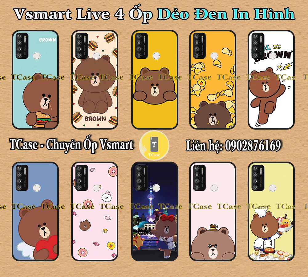 Ốp lưng Vsmart Live 4 - Ốp dẻo đen in hình Gấu Nâu Cute
