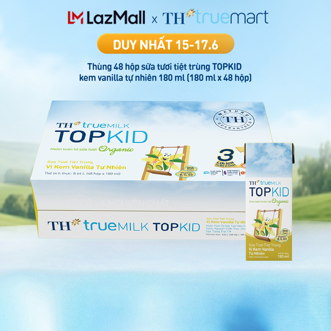 Thùng 48 hộp sữa tươi tiệt trùng TOPKID kem vanilla tự nhiên TH true MILK 180ml