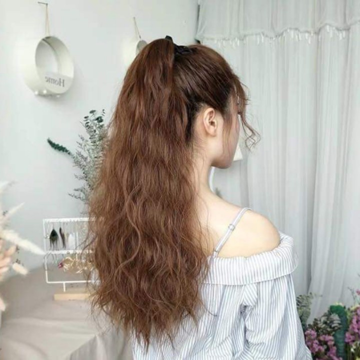 Tóc giả nữ cột xù mì dài, tóc giả buộc, tóc giả xù mì