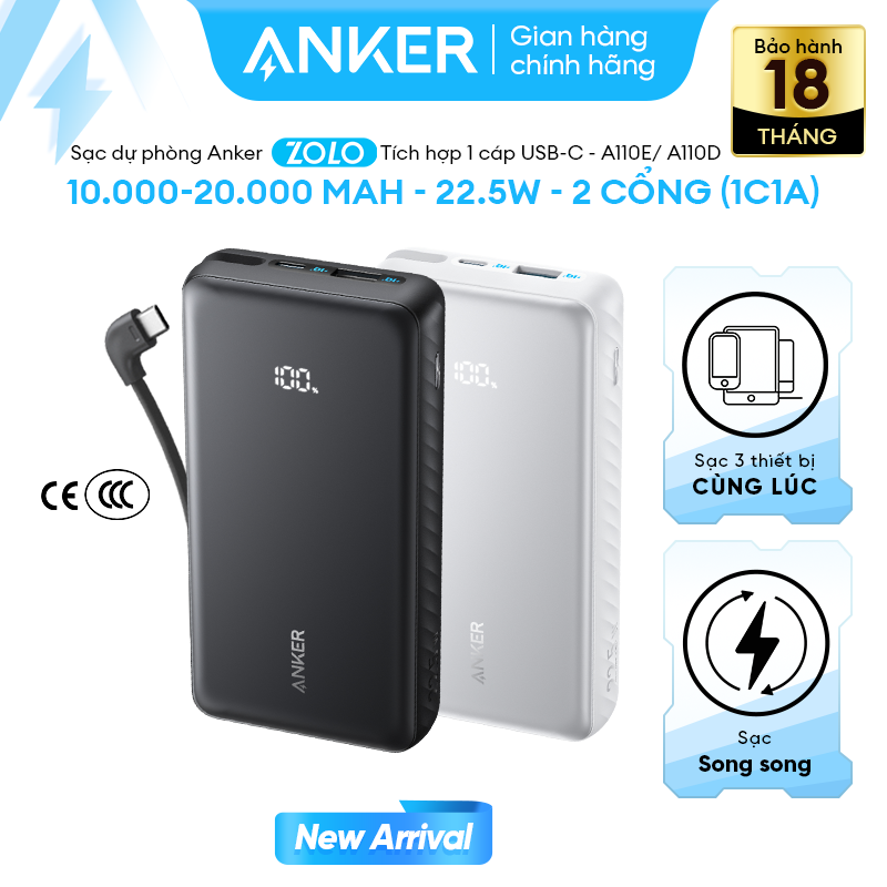 Sạc dự phòng Anker Zolo dung lượng lớn 20.000mAh | Tích hợp cáp USB-C gập góc 90° | Công suất 22.5W | 2 cổng 1A1C | Màn hình LED hiển thị % pin | Sạc cùng lúc 3 thiết bị | Chế độ sạc trickle charge cho thiết bị nhỏ – A110E 