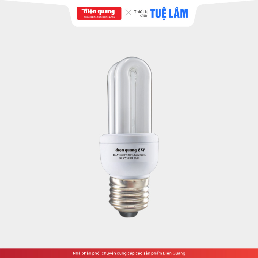 Đèn Compact Điện Quang ĐQ-CFL-2U-T4-8W-DL-E27 8w, daylight- Bảo hành chính