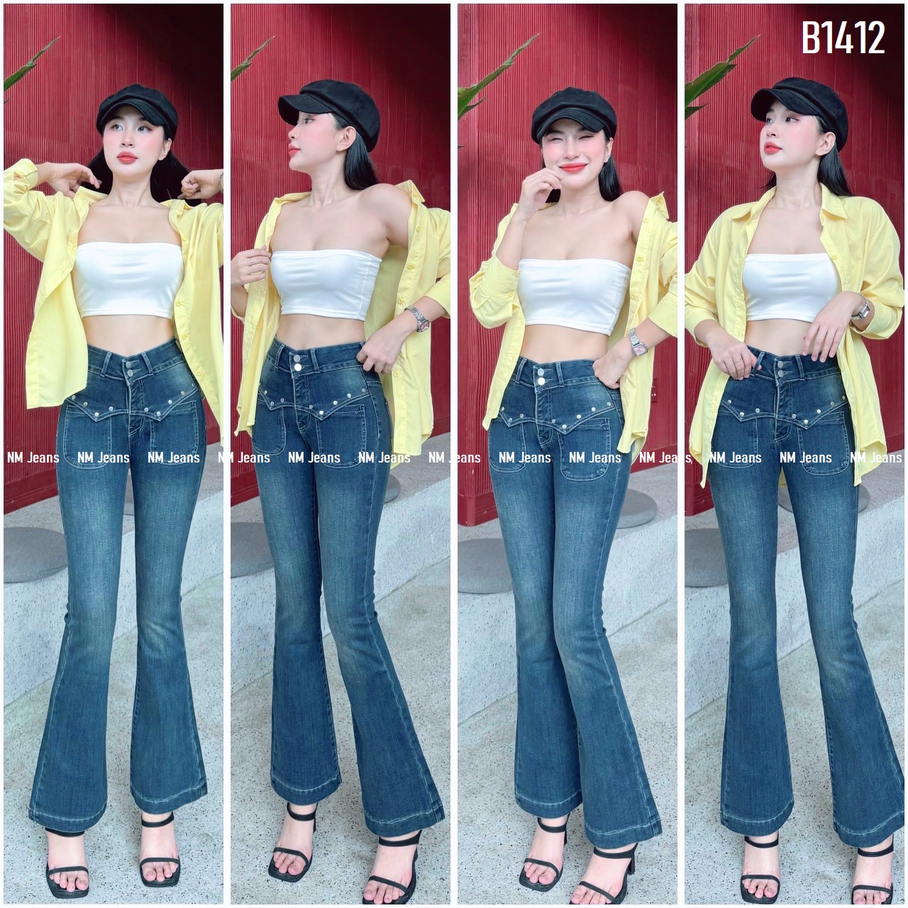 Quần jean nữ loe 2 nút peplum có 2 màu chất co giãn