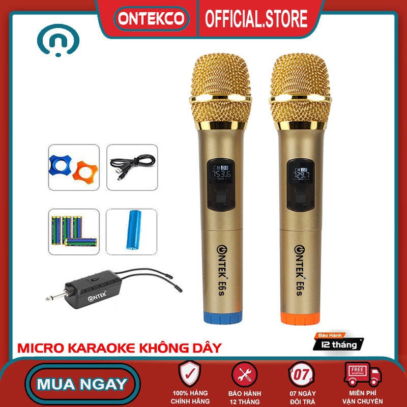 Bộ 02 Micro không dây karaoke Ontekco E6s gold bản cao cấp Chuyên Dành Cho Mọi Loa Kéo, Âm Ly, Tần Số 50, Hát Nhẹ Êm Đa Năng