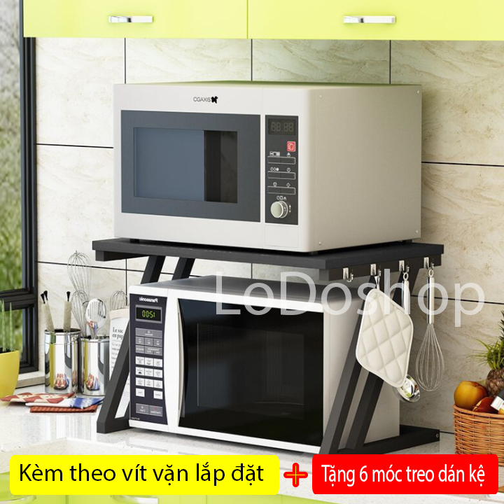 Kệ để lò vi sóng lớn chữ Z khung thép mặt gỗ - Kệ nhà bếp 1 tầng - Kệ lò nướng có móc máng treo khăn - Sắp xếp đồ dùng nhà bếp