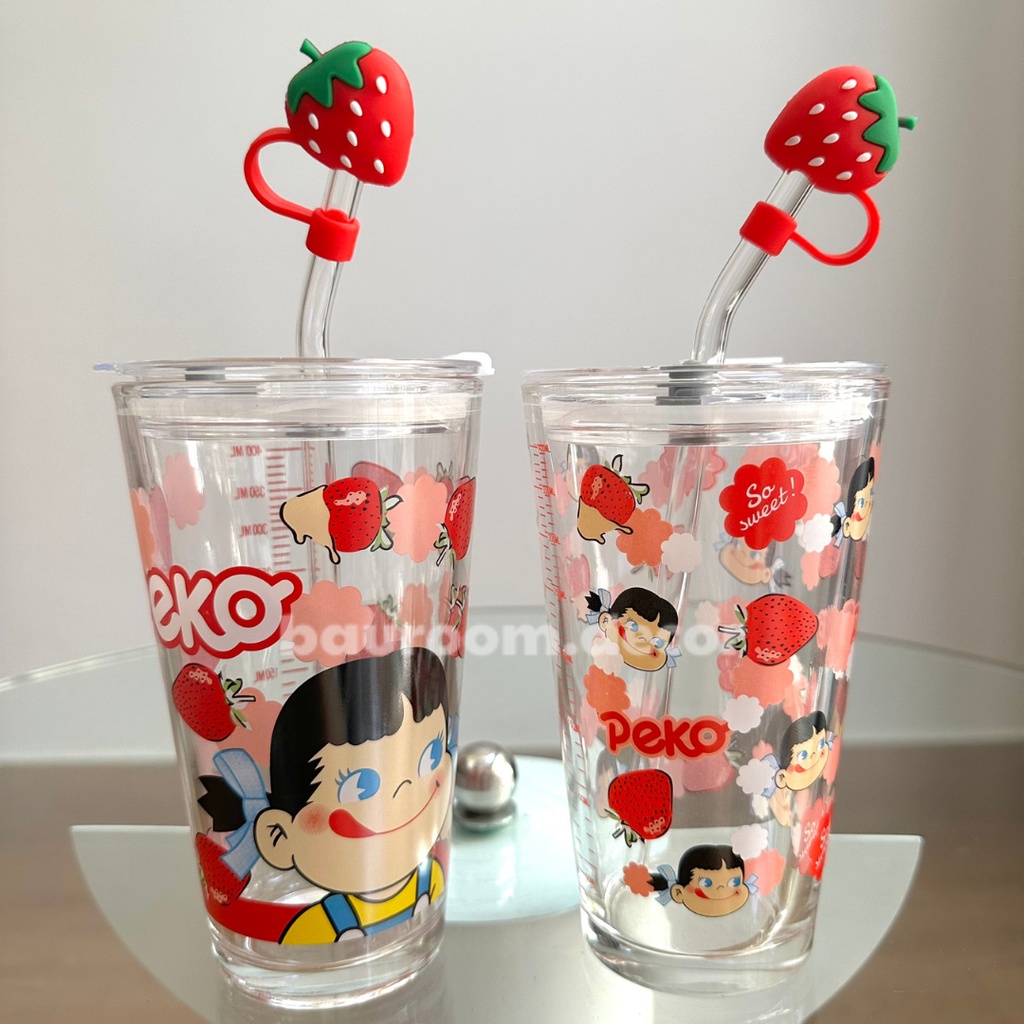 Ly thủy tinh cốc thủy tinh ly thủy tinh có nắp đậy kèm ống hút dâu tây dễ thương tiện dụng quà tặng đáng yêu