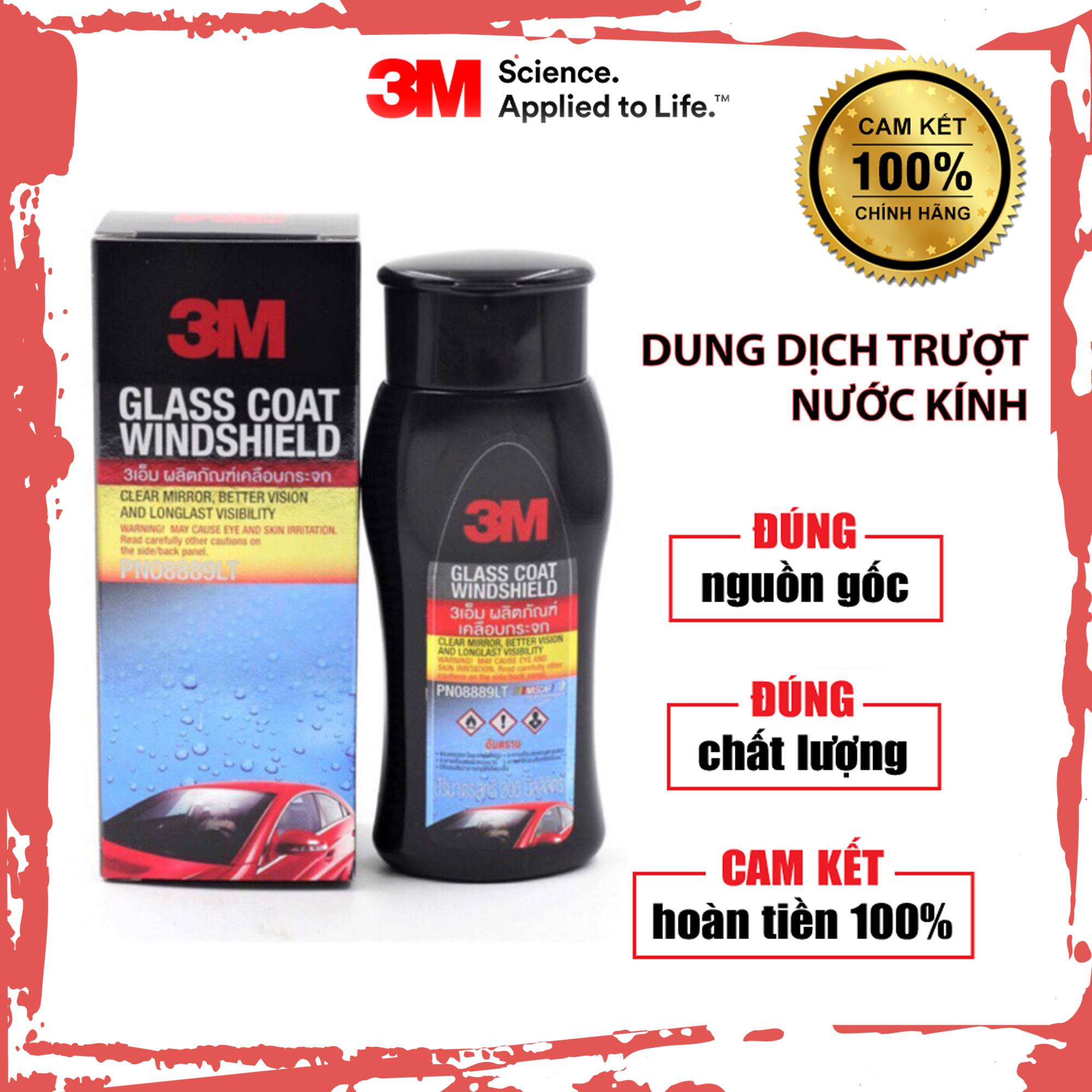 DUNG DỊCH TRƯỢT NƯỚC KÍNH 08889 LT (GLASS COAT WINDSHIELD) 3M – CHAI 200ML- HÀNG CHÍNH HÃNG