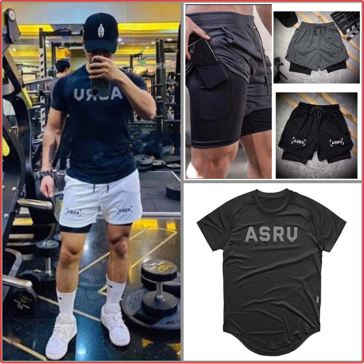 Set áo quần thể thao tập gym nam asrv và quần 2 lớp