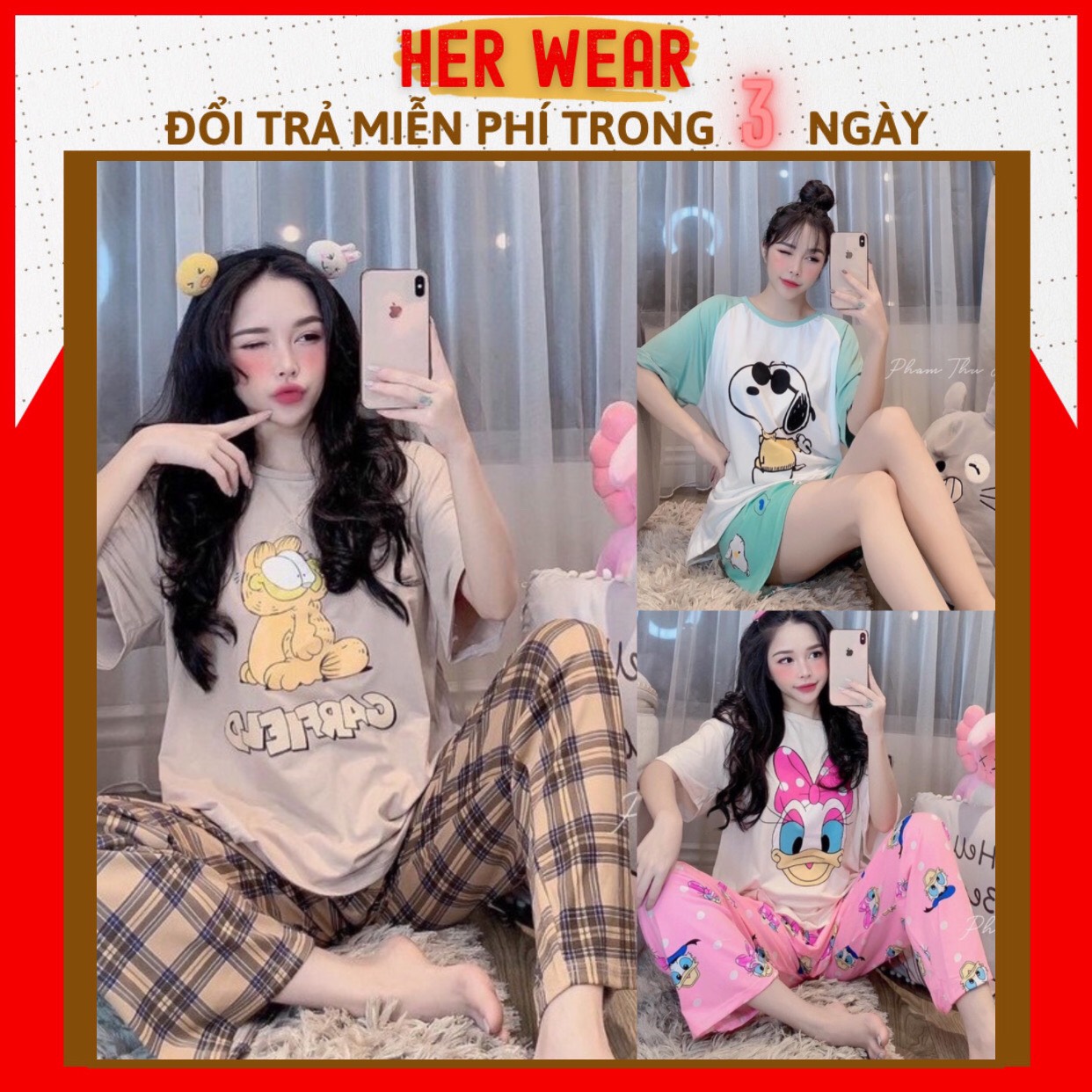 Bộ mặc nhà quần cộc cute mẫu mới, set đồ bộ nữ quần dài in hình dễ thương.