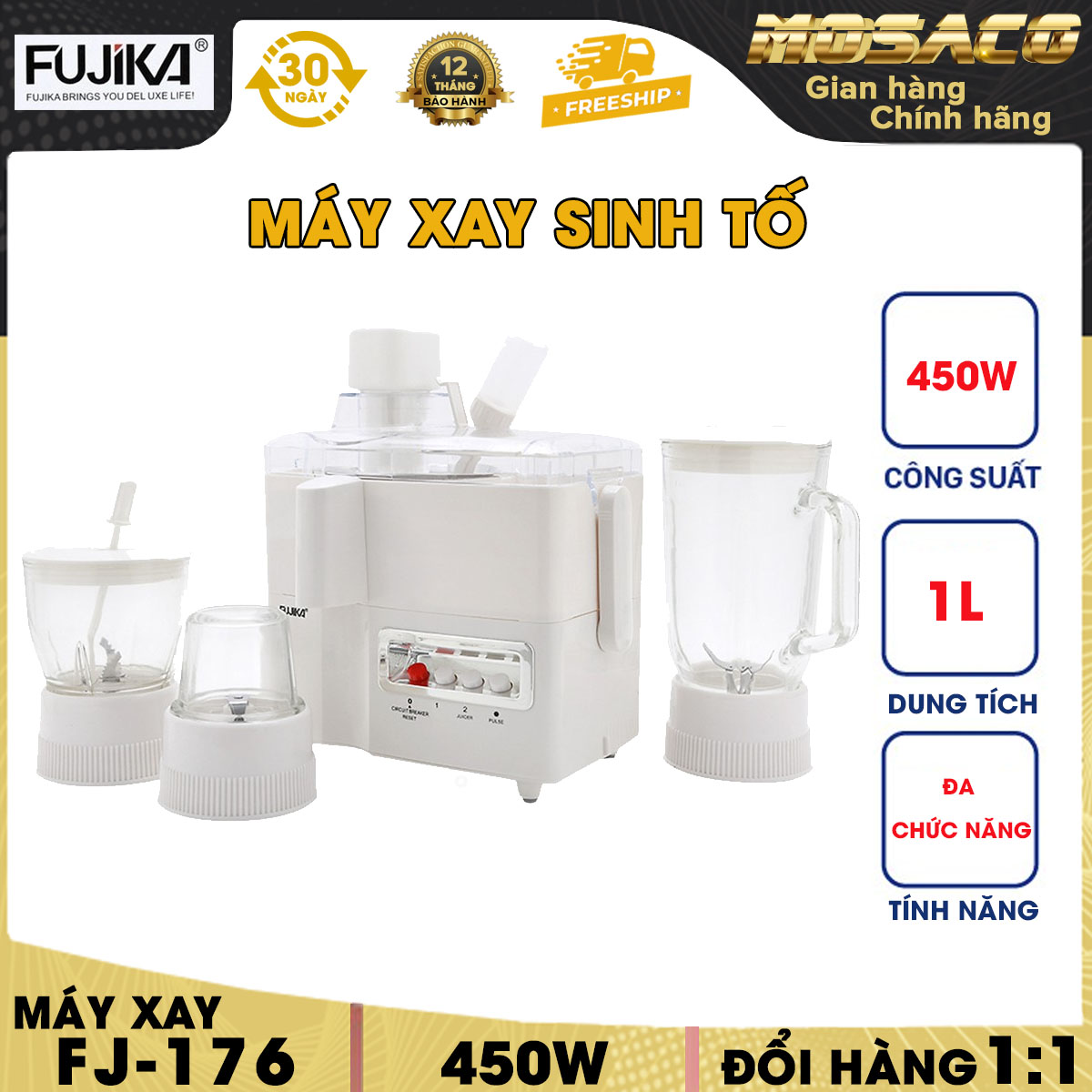 Máy xay ép đa năng 4 in 1 fujika fj-176 450w máy xay sinh tố xay thịt và hạt ép trái cây cối 1l thủy tinh tính năng đa chức năng xay ép trái cây, rau củ, đa dạng, tiện lợi cho mọi gia đình - mosaco gia dụng
