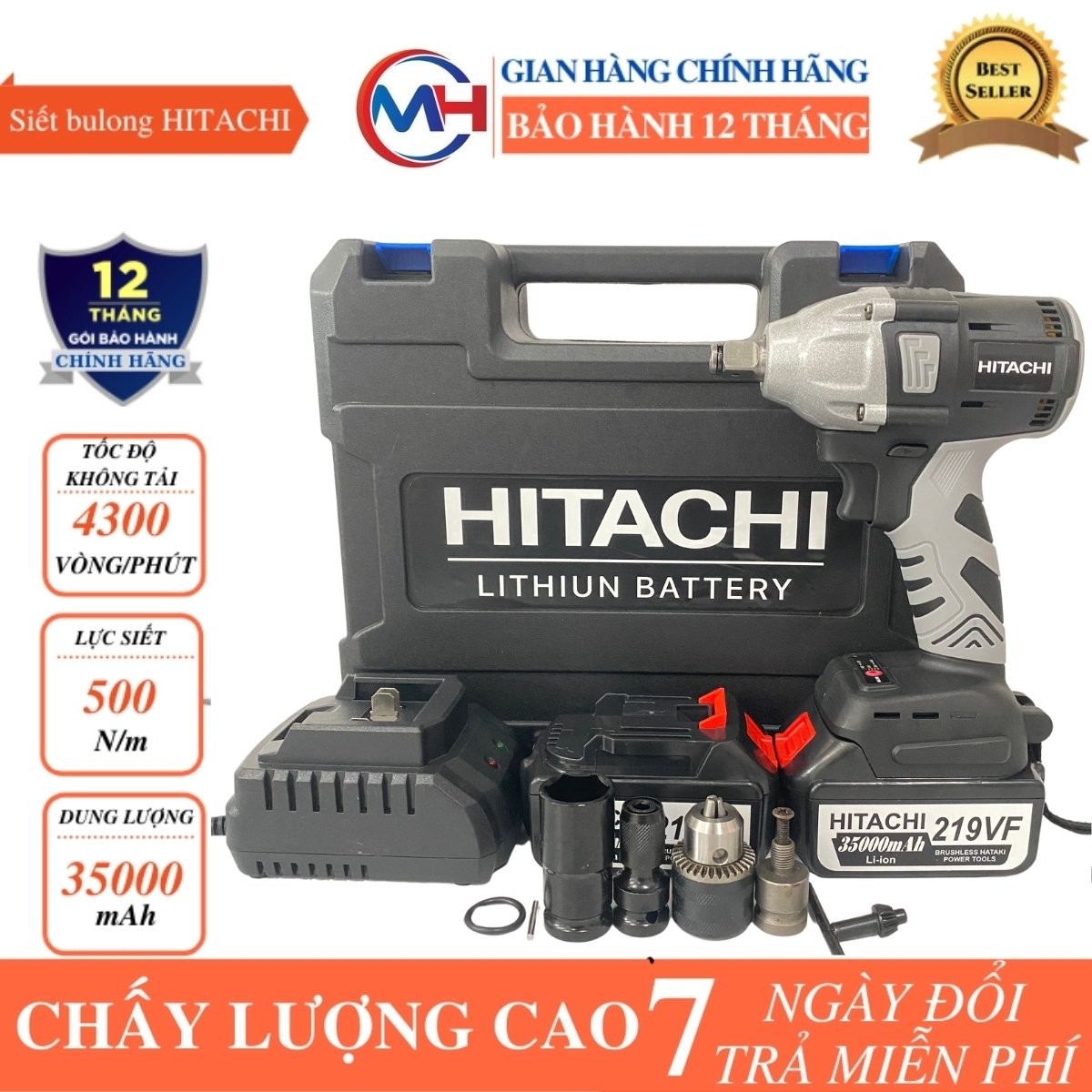 Máy siết bulong Hitachi 219VF - 2 PIN - Đầu 2 trong 1 - Máy bắn bulong KHÔNG CHỔI THAN - TẶNG ĐẦU CHUYỂN KHOAN, ĐẦU CHUYỂN VÍT, KHẨU 22MM