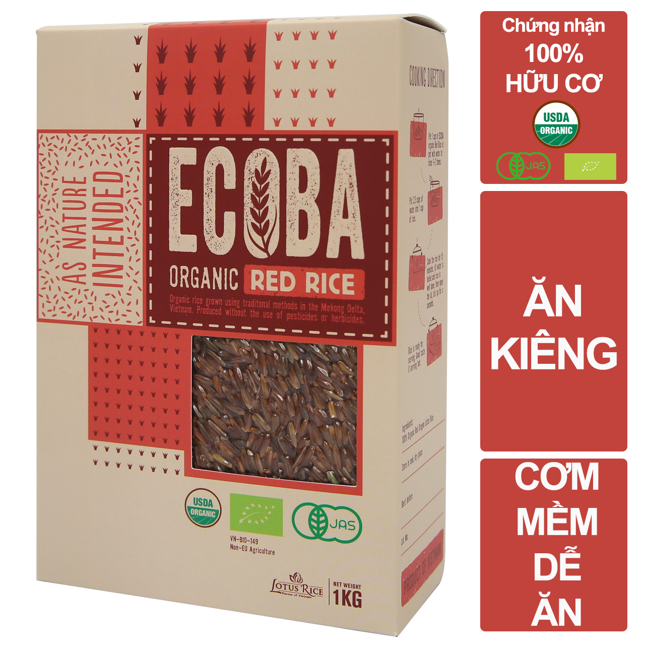 Gạo lứt đỏ ăn kiêng 100% hữu cơ - ECOBA Huyết Rồng 1kg - Mềm bùi dễ ăn -  Đạt chứng nhận hữu cơ quốc tế in trên hộp