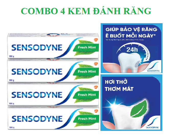 Combo 4 Kem đánh răng giảm ê buốt trắng tự nhiên Sensodyne  Fresh Mint the mát - 100g