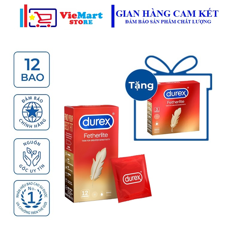 Bao cao su Durex Fetherlite 12 bao / hộp + Tặng Bao cao su Durex Fetherlite 3 bao / hộp