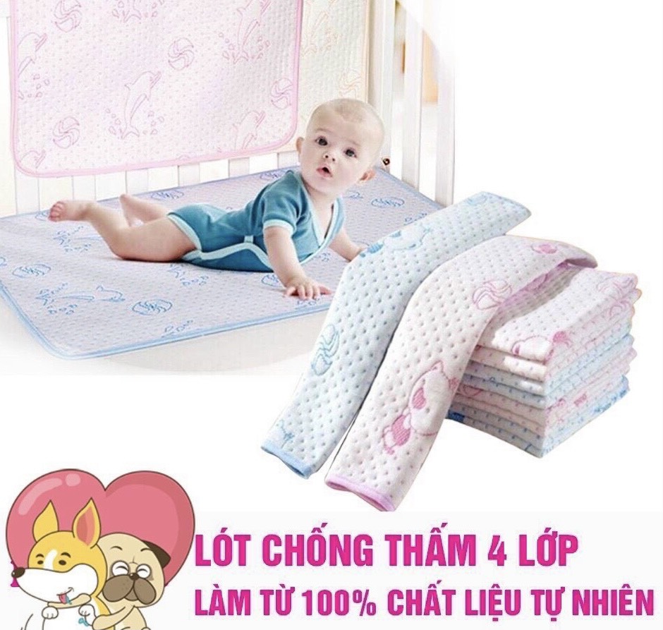 Lót tè sơ sinh, Tấm lót chống thấm 4 lớp gấu 50x70cm cho bé