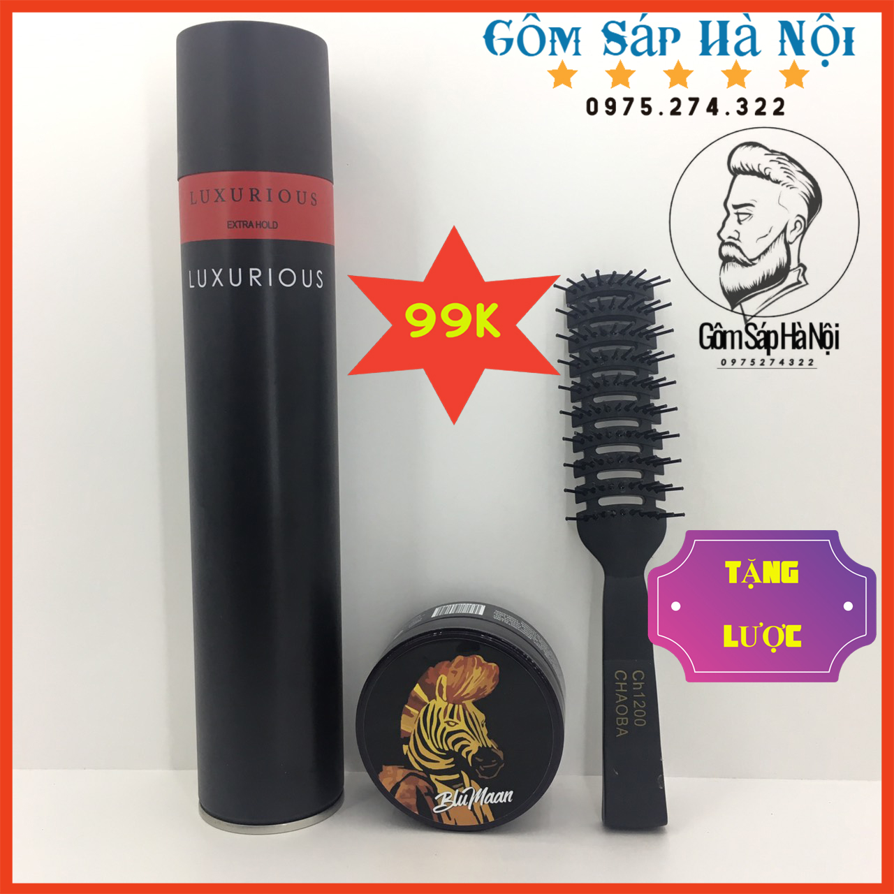 Combo gôm xịt tóc luxurious + sáp vuốt tóc bluman ngựa + lược