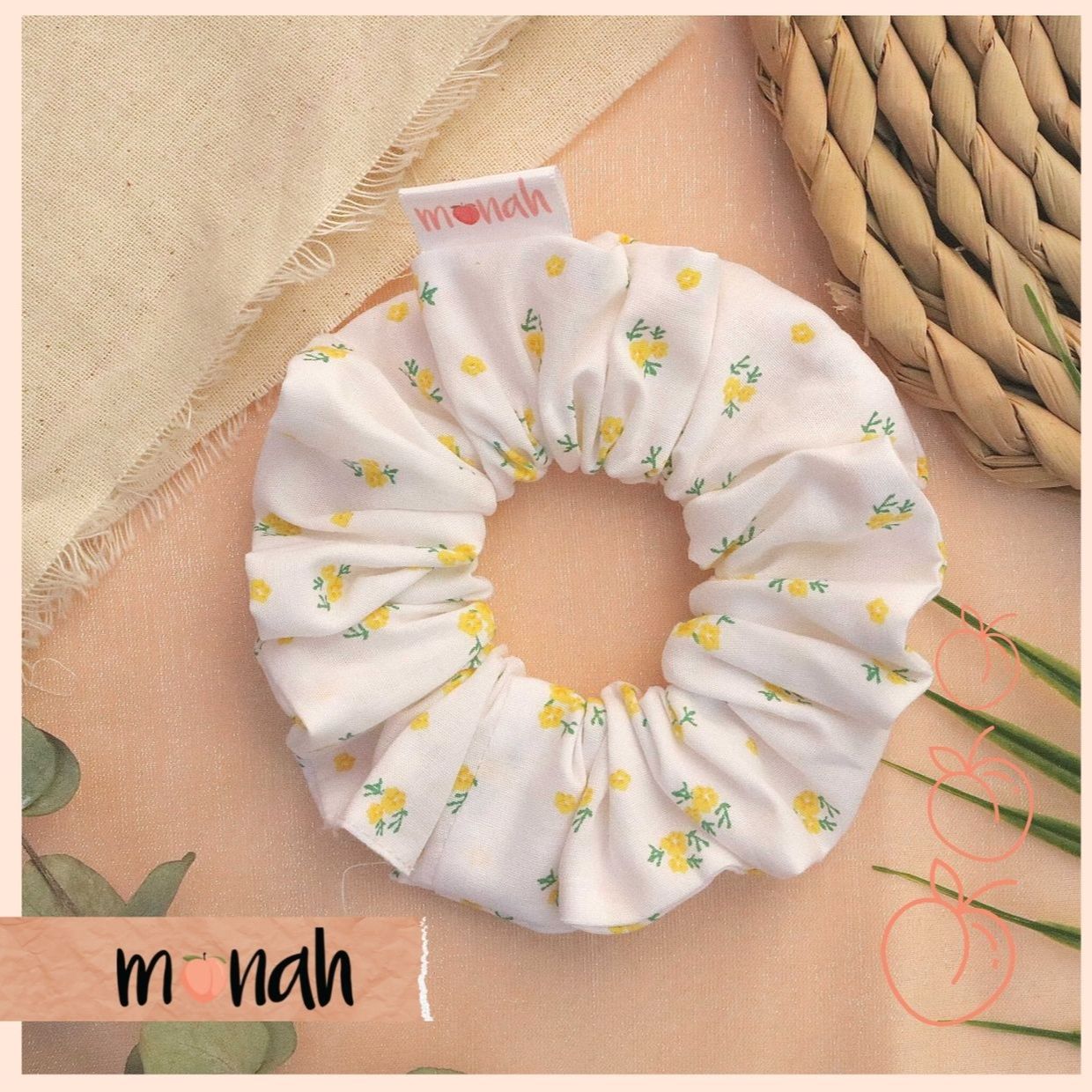 Dây buộc tóc cột tóc scrunchie cotton trắng hoa vàng tiểu thư nhẹ nhàng