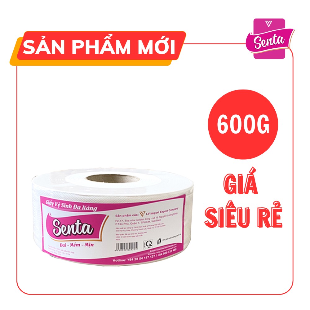 Giấy vệ sinh cuộn lớn cao cấp 2 lớp SENTA 600G, Giấy vệ sinh công nghiệp siêu tiết kiệm 600G