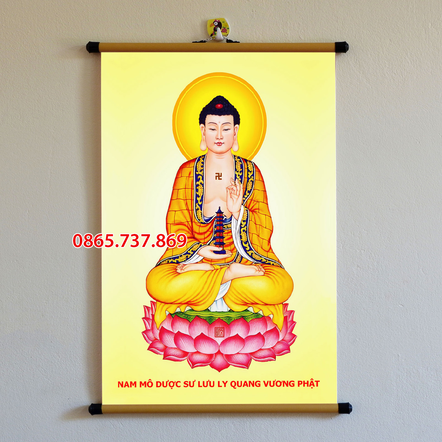 Tranh Phật Dược Sư treo tường bằng vải phủ bóng cao cấp dày dặn, tranh phật treo tường 40x60cm