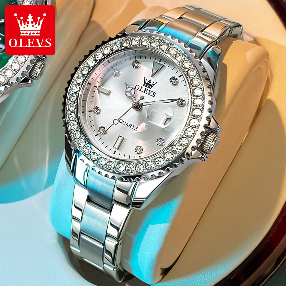 OLEVS Watch for Women Original Waterproof Elegant Korean Style Diamond Luminous Stainless Steel/Leather Strap with Gift Box