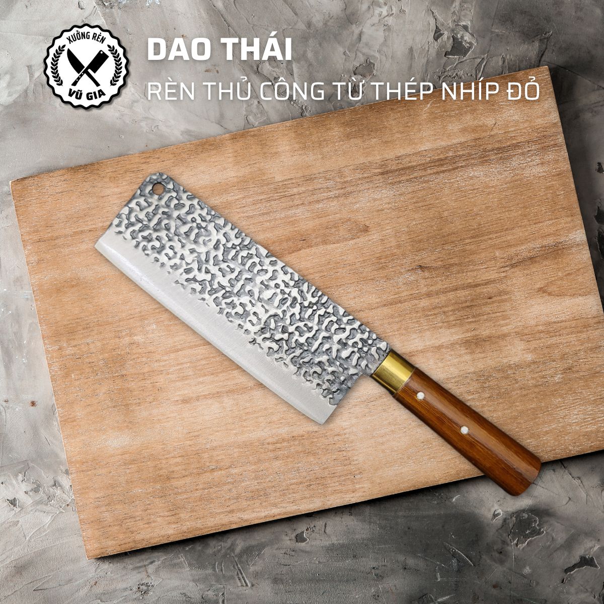 Dao thái thịt thép nhíp ô tô dập vân 2 mặt cao cấp - cán gỗ cẩm khâu đồng